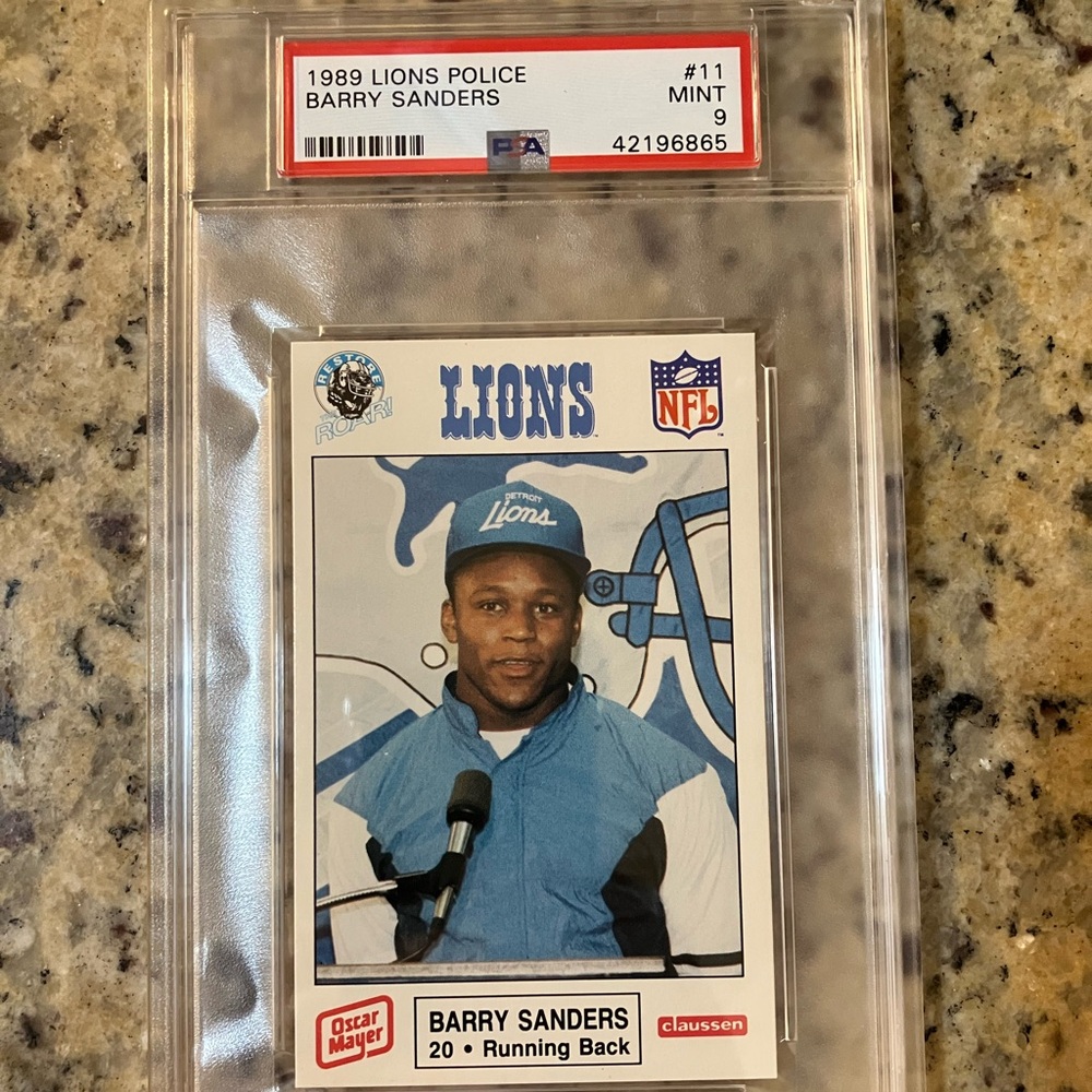 1989 Police Barry Sanders #11 Lions NFL Trading Card Oscar Mayers PSA 9